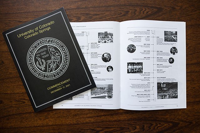UCCS Commencement Program Cover and Timeline Spread