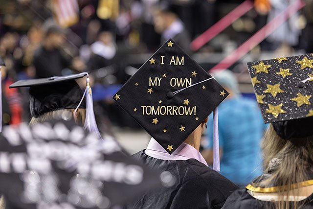 UCCS graduation cap that says I am My Own Tomorrow