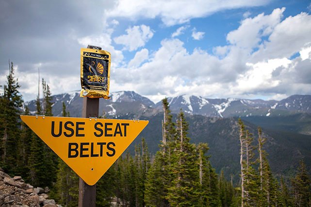 Perky Jerky on sign in the mountains